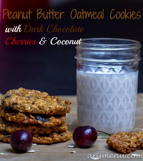 Peanut Butter Oatmeal Cookies with Dark Chocolate, Cherries & Coconut #vegan #glutenfree