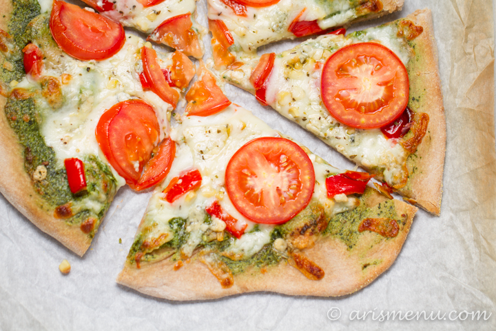 Pesto Pizza {with roasted red pepper, tomato and roasted corn}