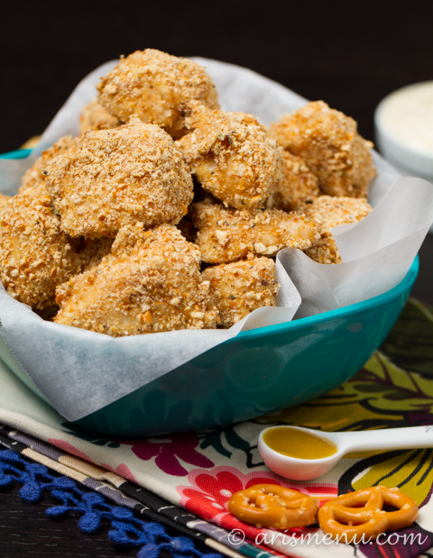 Pretzel Crusted Chicken Nuggets -- Super easy, fast and healthy dinner the whole family can enjoy. Using gluten-free pretzels and paired with a creamy maple mustard dipping sauce