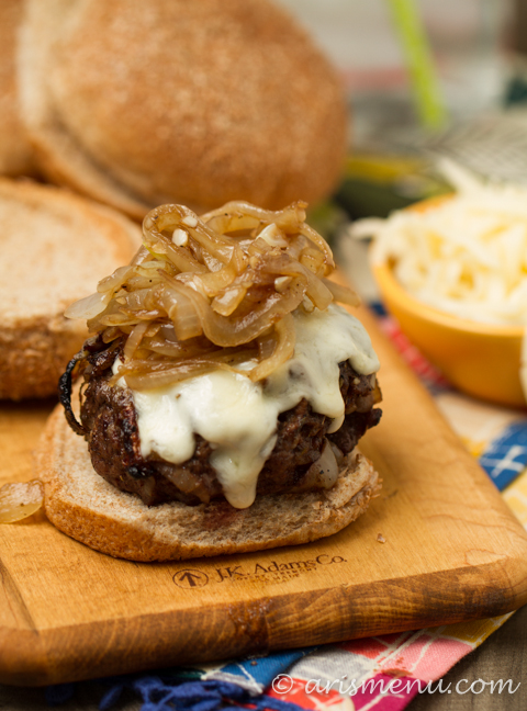 French Onion Burgers with tons of caramelized onions and melty gruyere