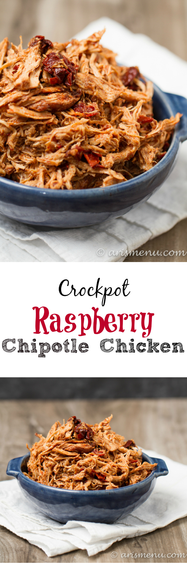 Crockpot Raspberry Chipotle Chicken: Perfectly tender and juicy shredded chicken with a sweet and spicy kick!