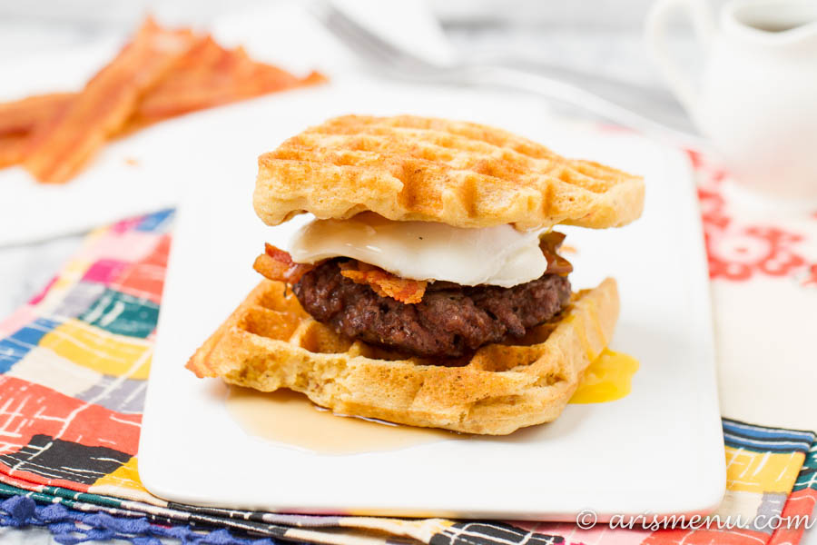 The Breakfast Burger: A waffle bun with crispy bacon, a poached egg and a drizzle of maple syrup. This burger has the perfect combination of flavors and textures and will turn even skeptics into believers!