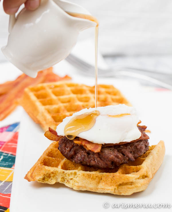 The Breakfast Burger: A waffle bun with crispy bacon, a poached egg and a drizzle of maple syrup. This burger has the perfect combination of flavors and textures and will turn even skeptics into believers!