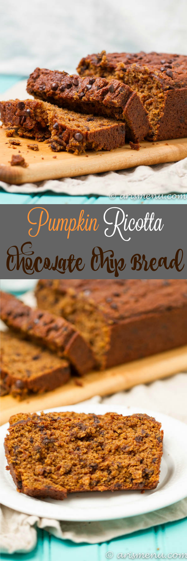 Pumpkin Ricotta Chocolate Chip Bead: Ultra soft and tender pumpkin bread loaded with dark chocolate chips for the perfect fall treat. Shhh it's healthier than you think!